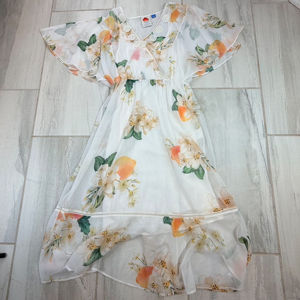 FARM Rio x Anthropologie Eloisa White Peach Midi Dress Size S Flutter Sleeve